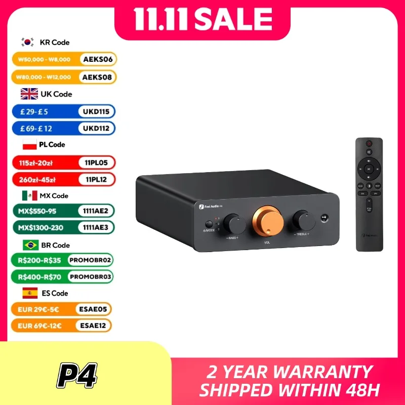 Fosi Audio P4 HiFi 프리앰프: 3개의 RCA 입력, EQ/바이패스, 교체 가능한 연산 증폭기, 오디오파일 시스템용 고음 및 저음 톤 제어