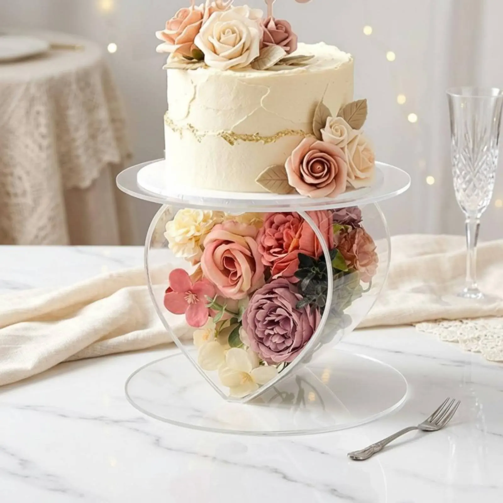 Attachable Fillable Cake Pedestal Reusable Acrylic Heart Cake Stand Fillable Pedestal Box Sturdy Support Party Decoration