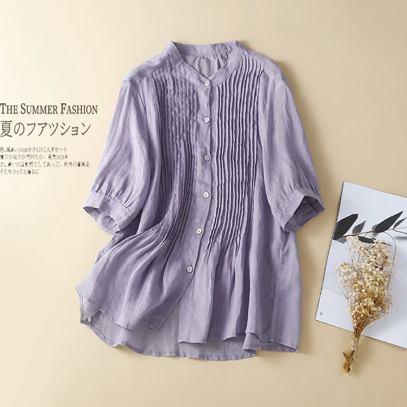 Women Cotton Linen Pleated Shirts New 2022 Summer Short Sleeve Vintage Solid Loose Comfortable Female Tops and Blouses