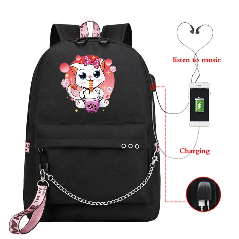 

Anime Kawaii Backpack Cat Boba Tea Bubble Tea Print Girls School Bag Travel Laptop Rucksack Usb Port Teen Girls School Backpack