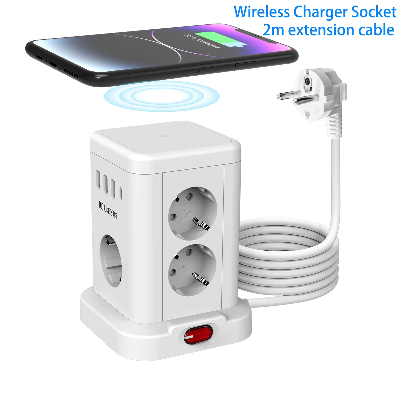 7/11AC EU plug Smart Power board with Wireless Charger 3 USB 1 Type c charging, 2m extension cable, Multiple Sockets for home