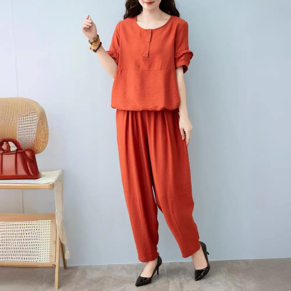

Solid Color Women Fashion Set Stylish Women's Cotton Linen 2-piece Outfit with Pockets for Summer Casual Middle-aged Elderly