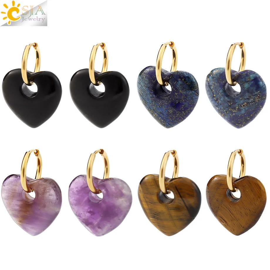 CSJA Stainless Steel Hoop Earring for Women Healing Natrual Stone Heart Pendant Amethysts Crystal Earrings Jewelry H712