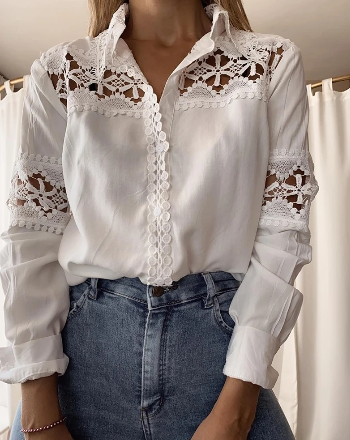 

Women's Casual Lace Patch Button Front Long Sleeve Shirt Top Temperament Commuting Autumn New Fashion Plain Women Daily Blouses