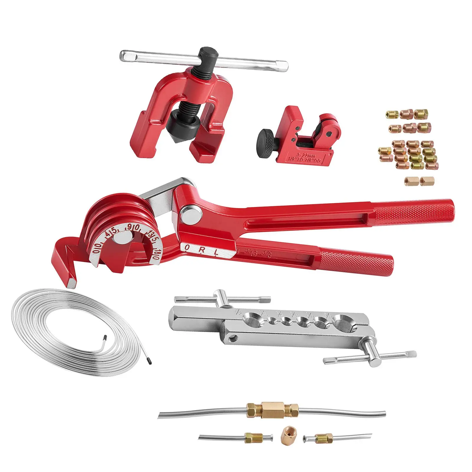 

3/16" Brake Line Repair Kit, 45° Single Brake Line Flaring Tool Kit, 25FT Copper-Coated Brake Line with 20 Fittings & 2 Unions, 3-in-1 Tube Bender (1/4", 5/16", 3/8"), Tube Cutter Included