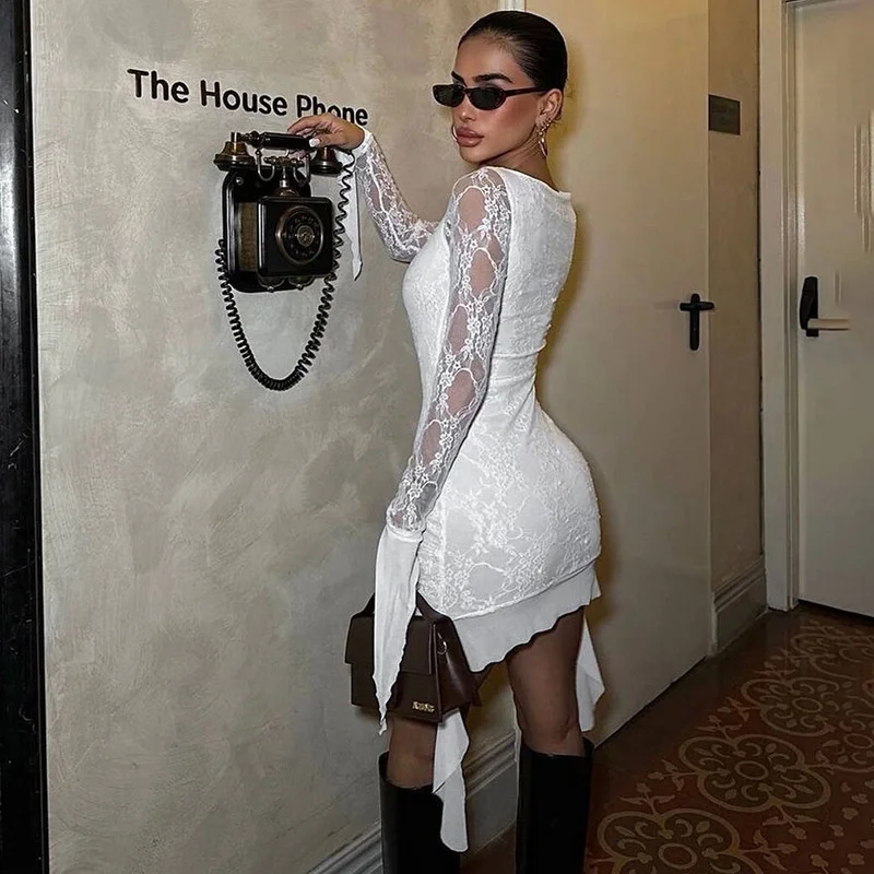 Letnia Elegancka Dopasowana Sukienka Bodycon z Koronką dla Kobiet, Sukienka Mini z Długim Rękawem, Marszczeniami i Falbanką na Dole, Seksowny Strój na Imprezę Klubową, Szykowna