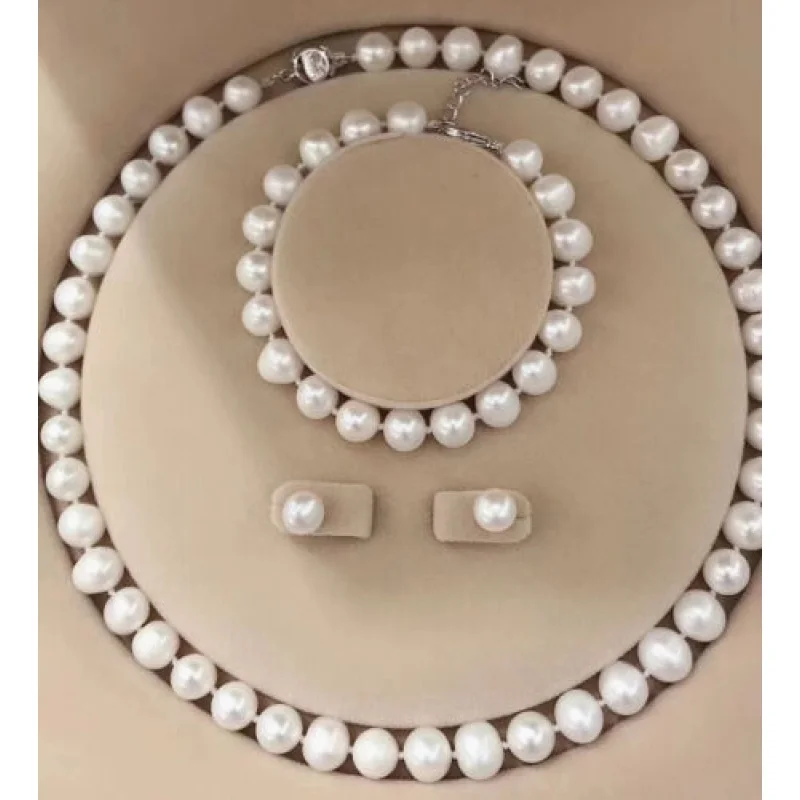 8-9mm Natural White Pearl Akoya Cultured Stringed Pearls Necklace Bracelet Earrings Set