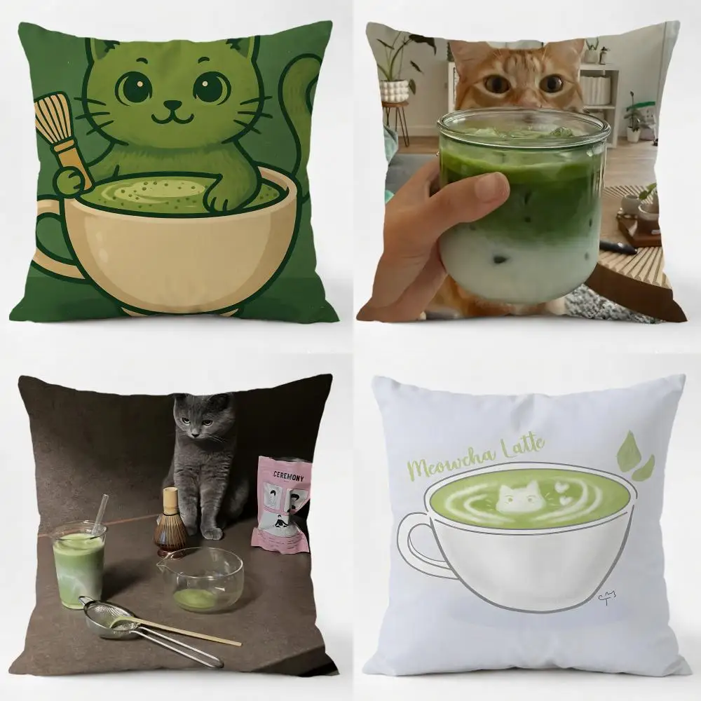 V-Vintage Green Tea Matcha Kitten Series Cushion Cover Daily Washable Linen Pillowcase Soft  for Sofa Bed Home Room Decor
