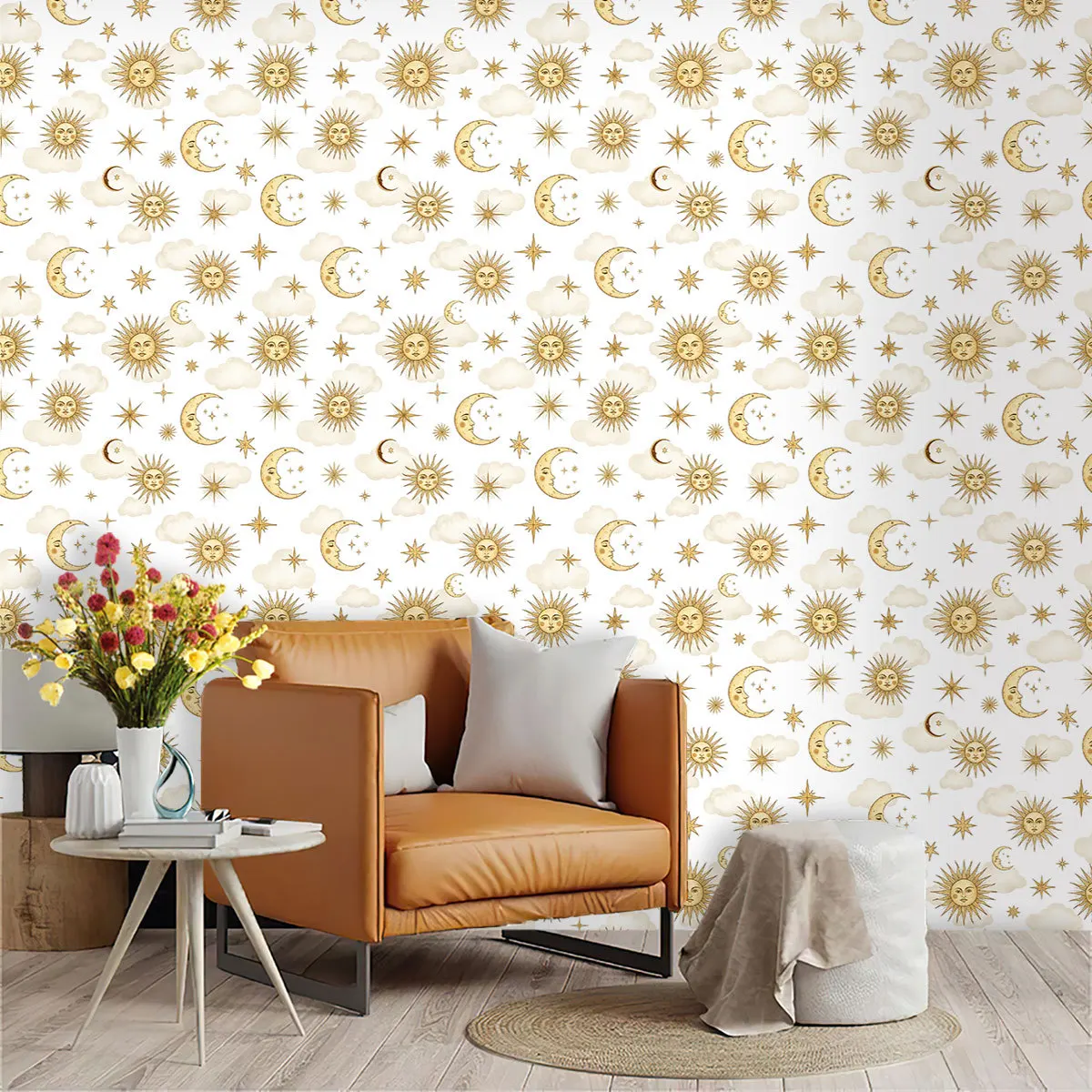 Celestial Sun Moon Star Cloud Peel and Stick Wallpaper Removable Self Adhesive Contact Paper Waterproof for Bedroom Cabinet