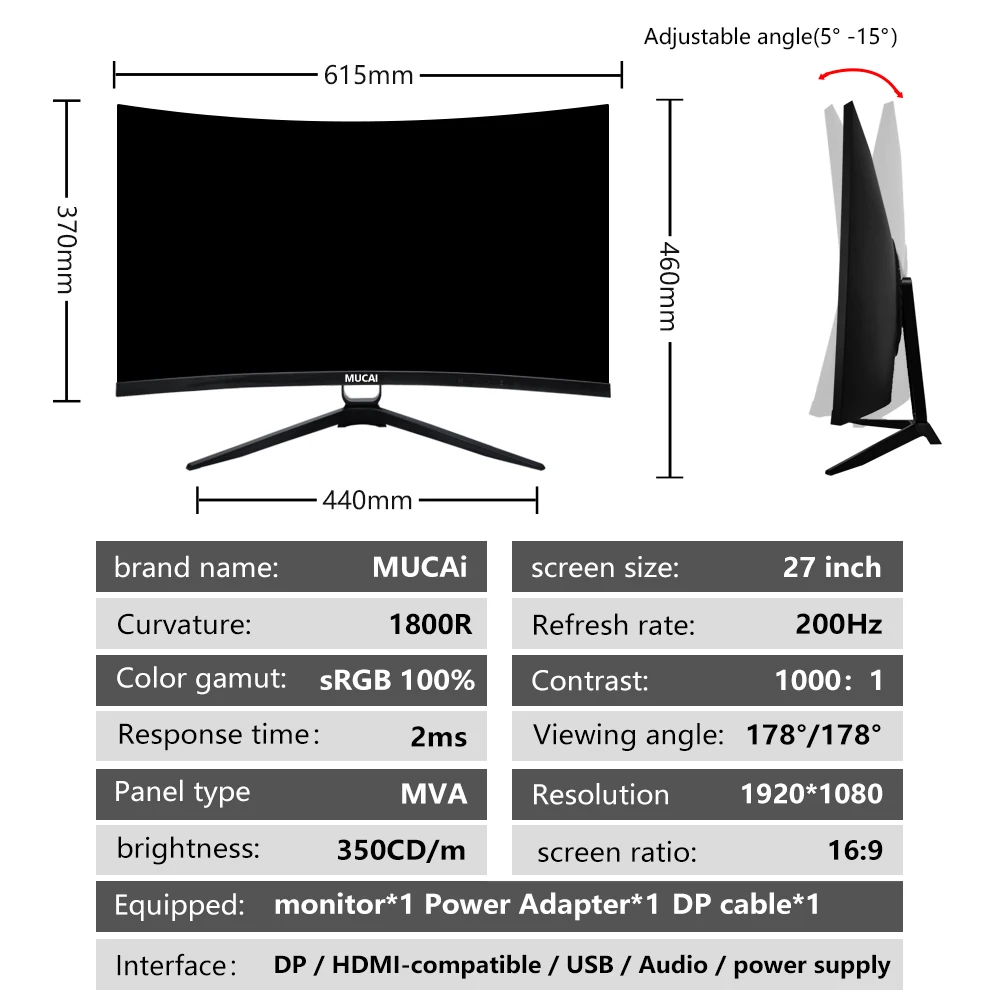 Imagem -04 - Mucai 27 Polegada Monitor 165hz Curvado 16:9 Mva 200hz Fhd Desktop Led Jogo Computador Tela 1800r dp 1920*1080