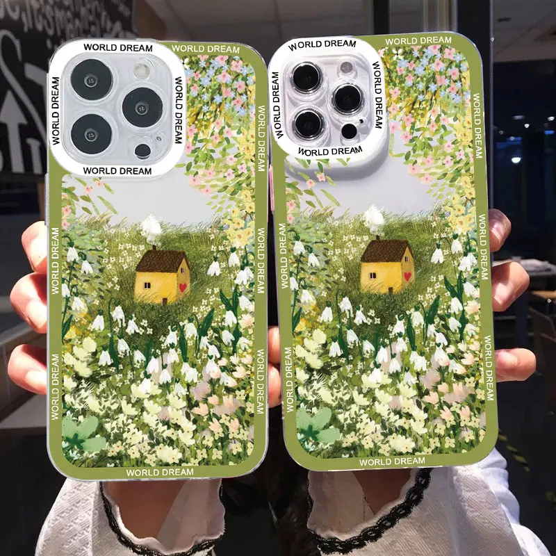 Retro Rural Scenery Painted Clear Phone Case For iphone 15 11 14 12 13 Pro Max X XR 7 8 Plus Large Flower Fields Log Cabin Cover