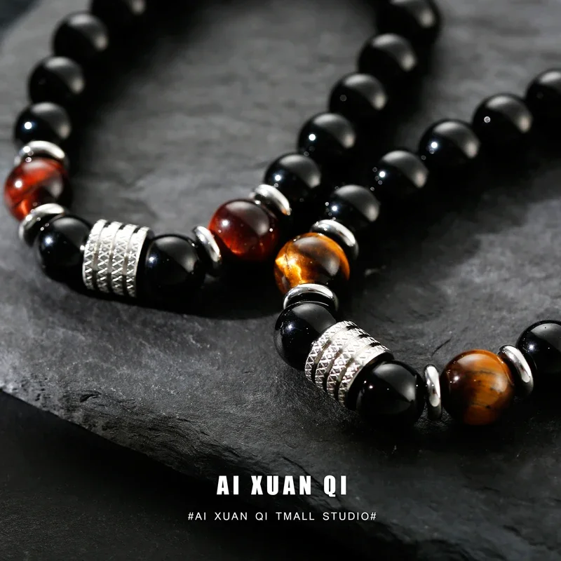 Pulsera de obsidiana de ojo de tigre Natural para hombre, diseño de nicho Ins, pulsera de cuentas de la suerte Retro, cadena de mano con cuentas