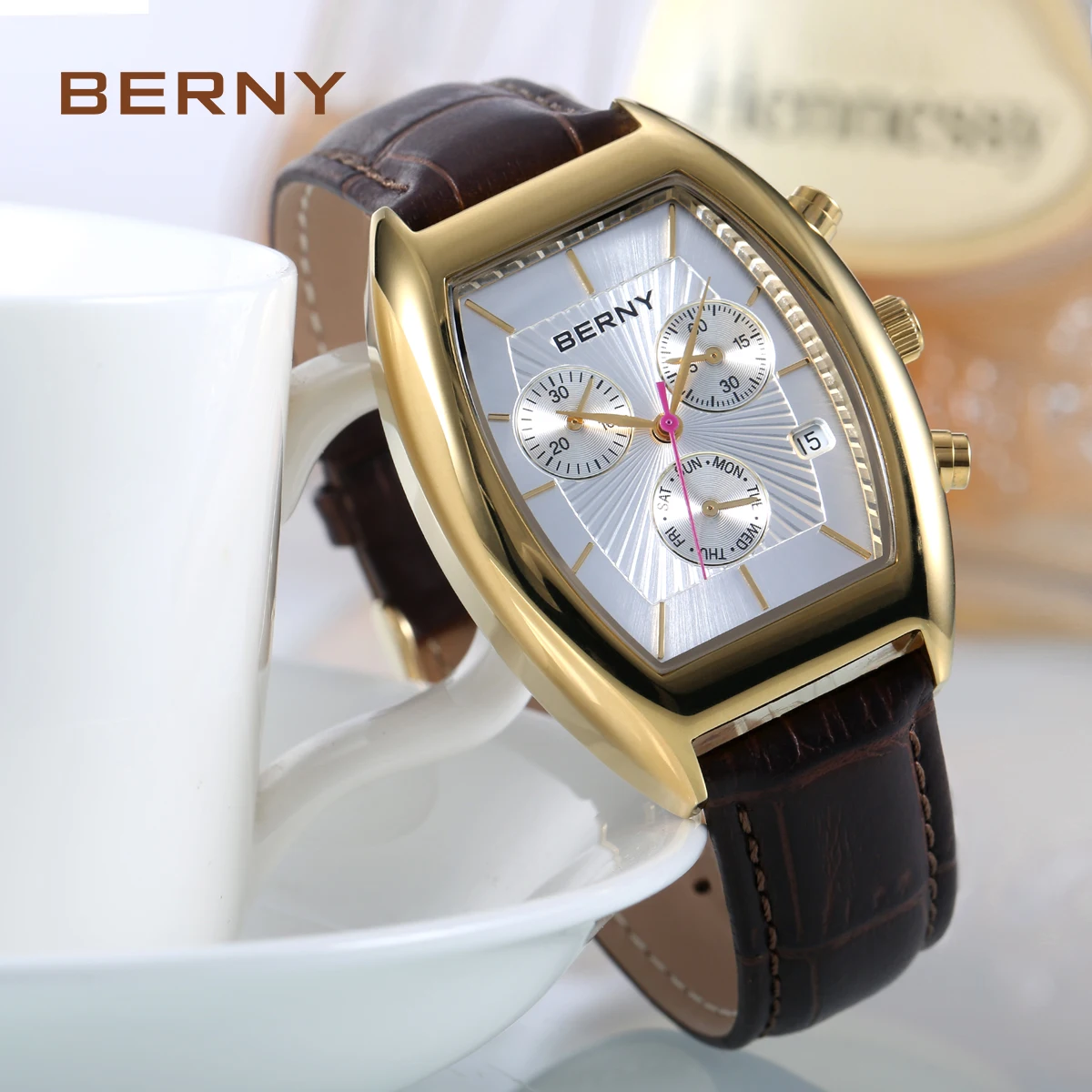 BERNY Men Quartz Watch Top Brand Luxury Swiss Barrel Wristwatch Leather Strap Multifunction Waterproof Chronograph Watch for Men