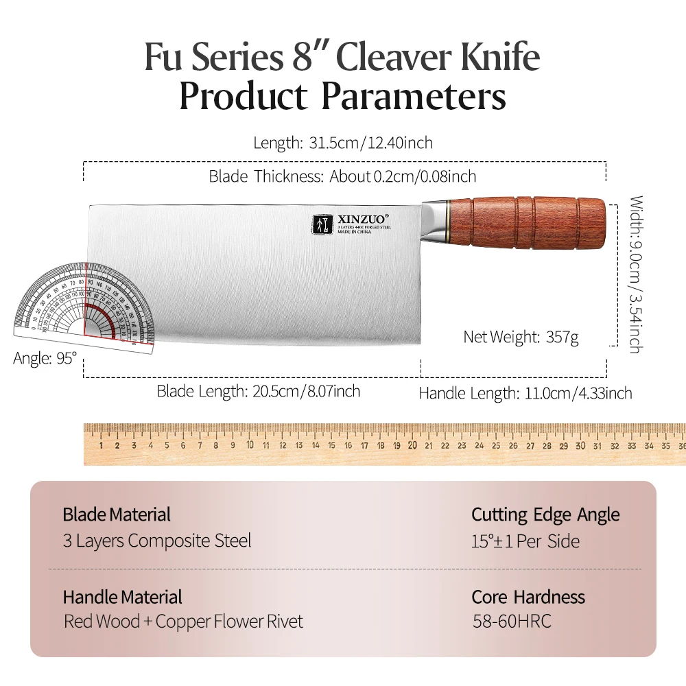 XINZUO New Arrival 8 Inches Cleaver Knife Customized 3-layer Composite Steel 440C Steel Core 58-60HRC Innovative Handle Design
