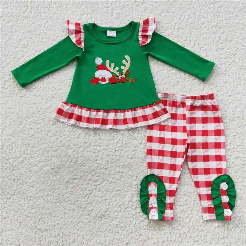 Christmas Match Baby Boys Girls Embroidered Santa Claus Reindeer Plaid Lace Green Set Wholesale Boutique Children Clothing RTS