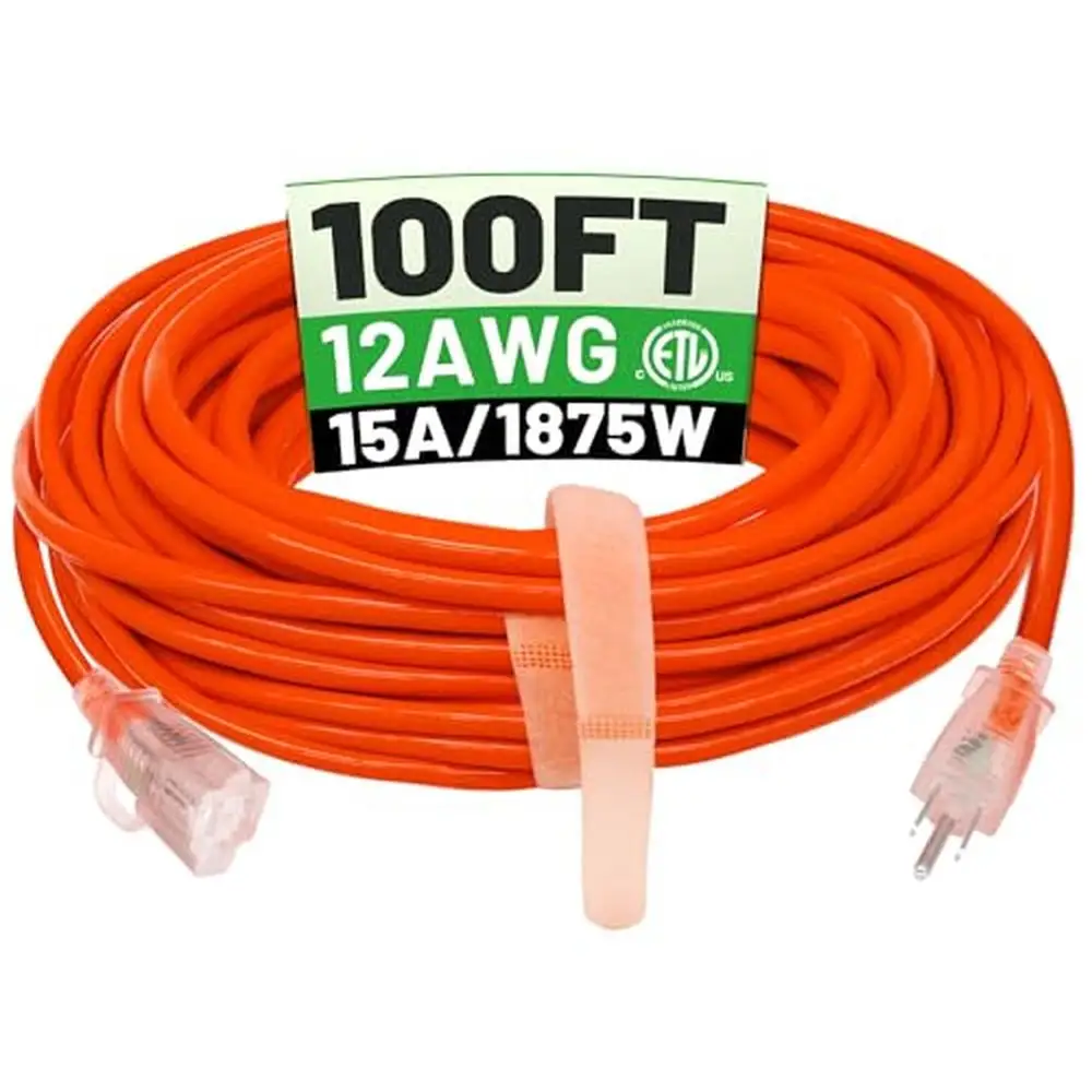 12/3 Waterproof Outdoor Extension Cord Heavy Duty 100ft Flexible Cold-Resistant 1875W Power Circular Saws Block Heater Welding