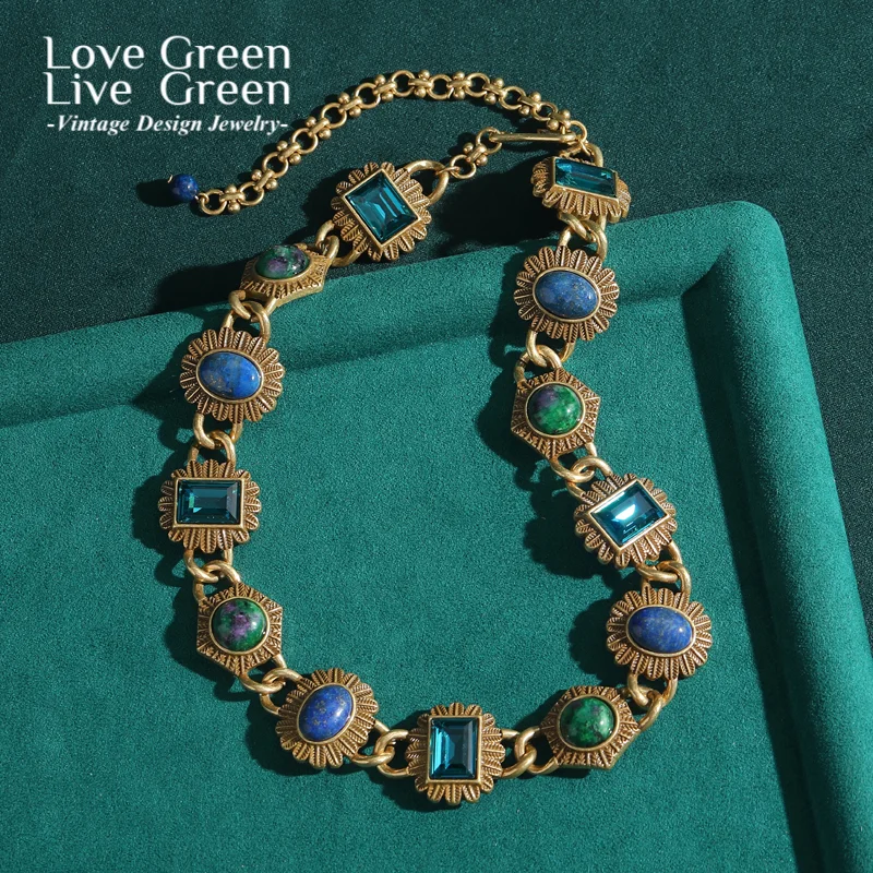 

Vintage Natural Stone Green Necklace Choker Oval Square Lapis Lazuli Rhinestone Antique Gold Color Luxury Jewelry Designer 2025