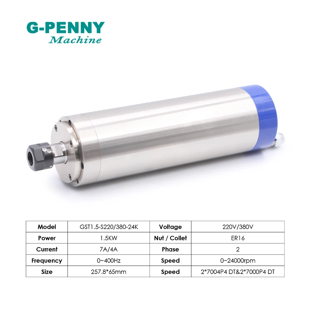G-PENNY  1.5kw ER16 D65 Water Cooled Spindle Motor Kit 4 pcs Bearings & Frequency Drive 75W Pump 65mm Bracket