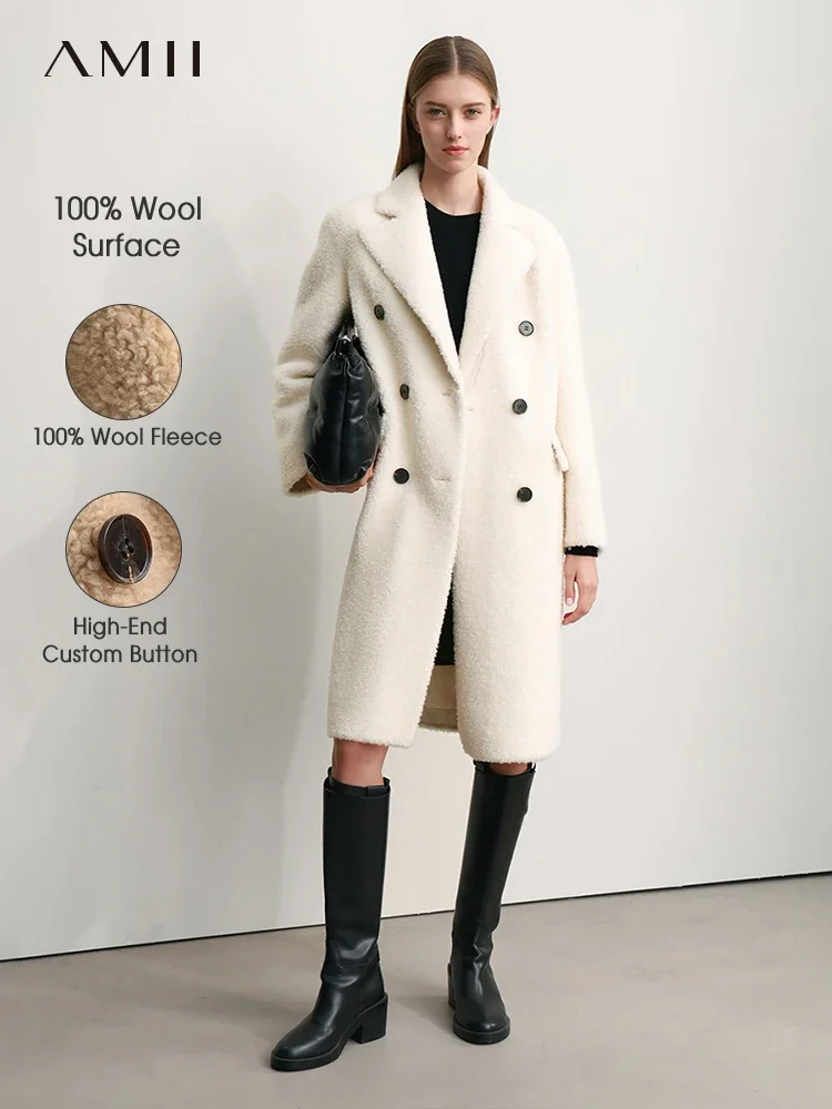 AMII Minimalist 2024 Winter New Women Suit Collar Double-breasted All-wool Granular Fleece Fur Coat Long Casual Jacket 12424022