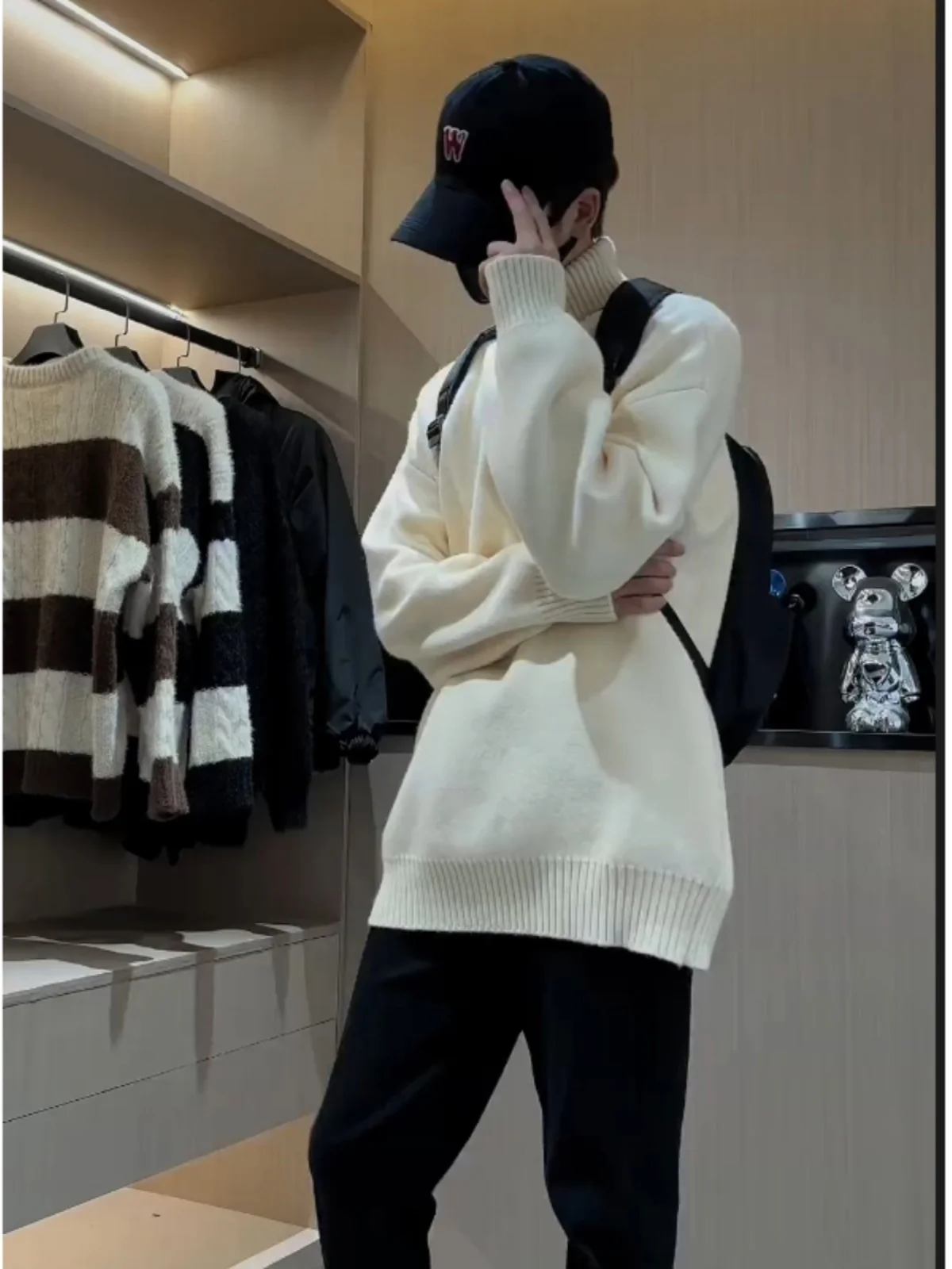 

Мужской вязаный свитер Cleanfit с высоким воротником, белый, осенне-зимний, оверсайз, теплый, повседневный, свободного кроя, с длинными рукавами, свитер-гольф