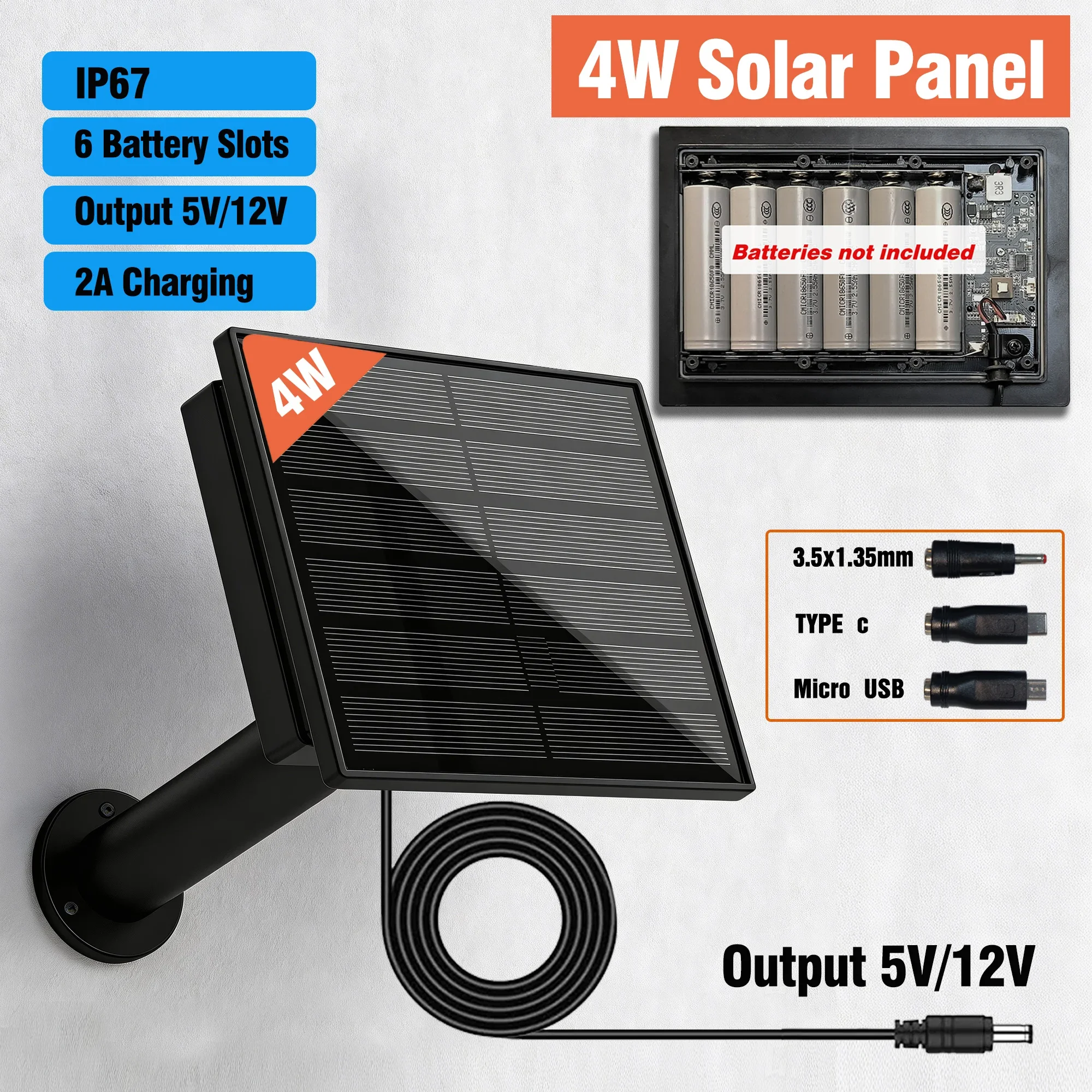 4W Solarpanel mit 5V 12V 2A Ausgang, zum Aufladen von Batterien, mit Micro-USB und Typ-C, wasserdicht für den Außenbereich, für Fernsensoren und Jagdgeräte