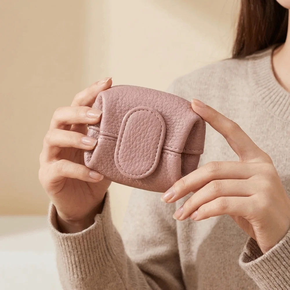 Soft Lychee Pattern Coin Purse Multifunctional Solid Color Mini Cowhide Wallet Snap Button Square Short Small Wallet Unisex
