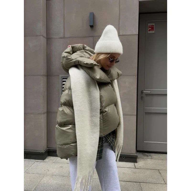 Solid Long Sleeve Thickened Puff Feel Bread Jacket Jacket Women Fashion Down Jacket Women High End Hooded Casual Cotton Padded