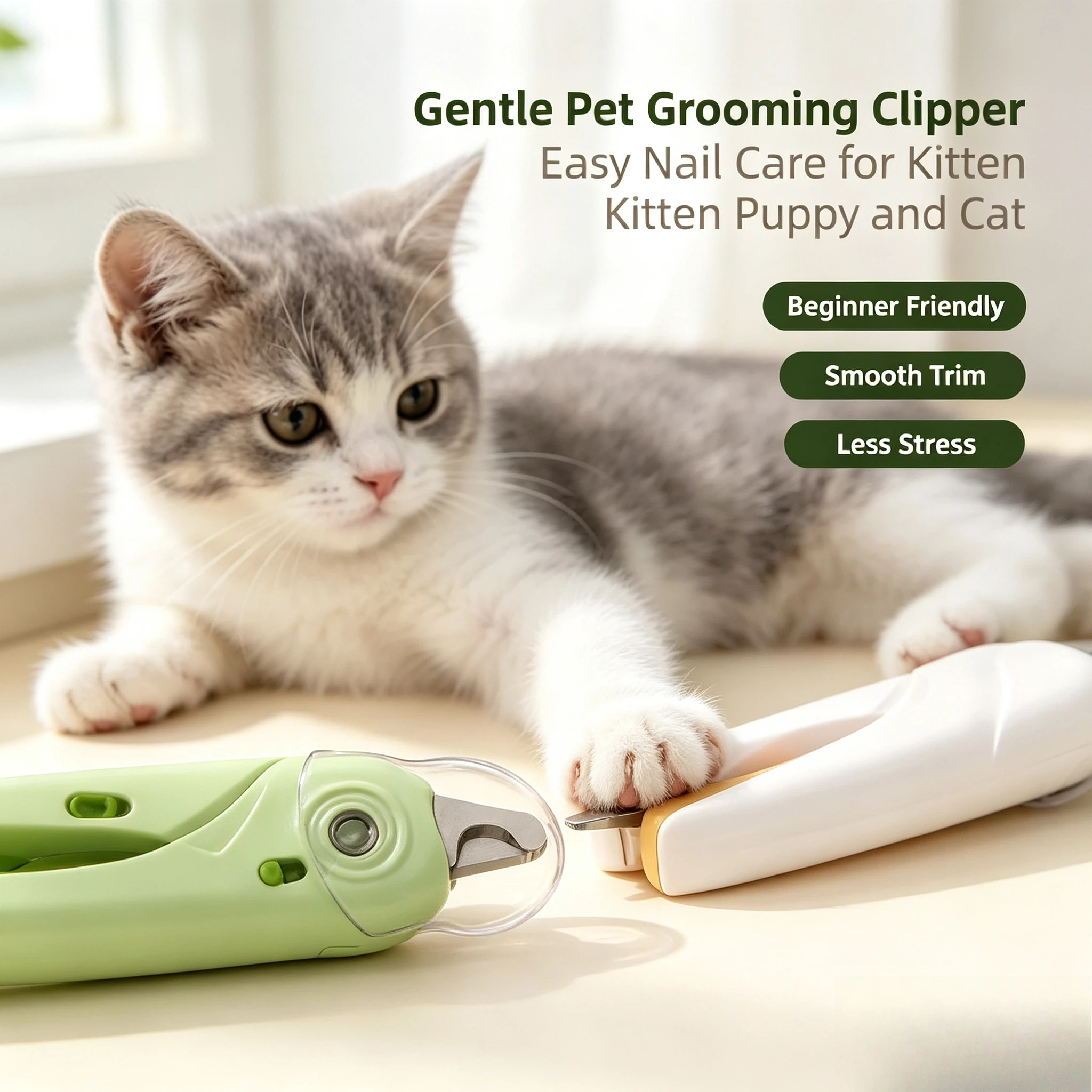 LED Pet Nail Clipper with Built-in File for Beginner Cat & Dog Owners, Prevents Overcutting