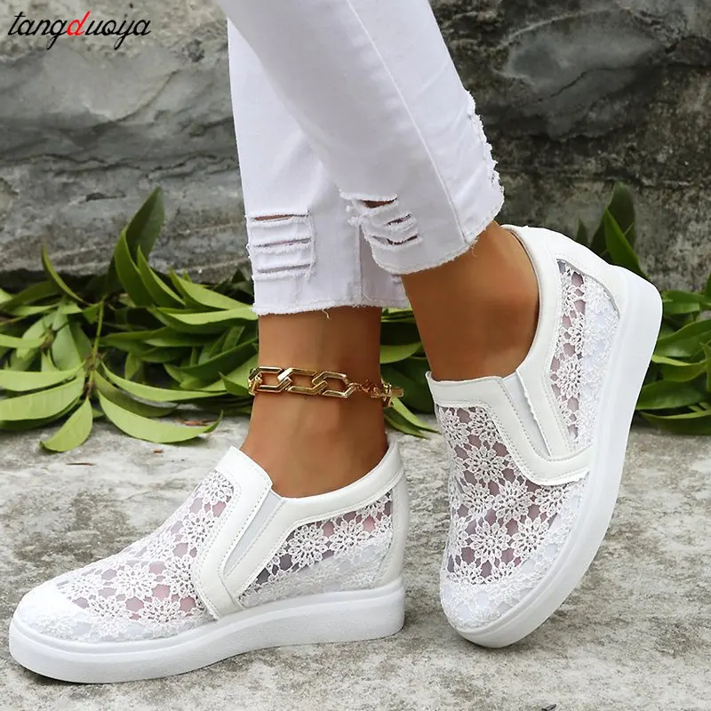 Women Shoes Fashion Summer White Lace Flower Sneakers Casual mesh Breathable Wedge Platform Sneakers Women Loafers plus size 42