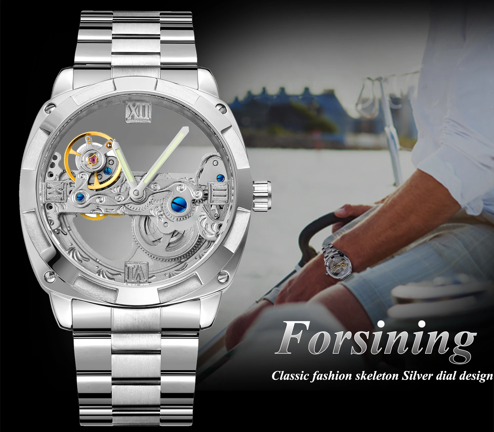Forsining Men Transparent Design Mechanical Watch Automatic Silver Square Golden Gear Skeleton Stainless Steel Belts Clock Saati