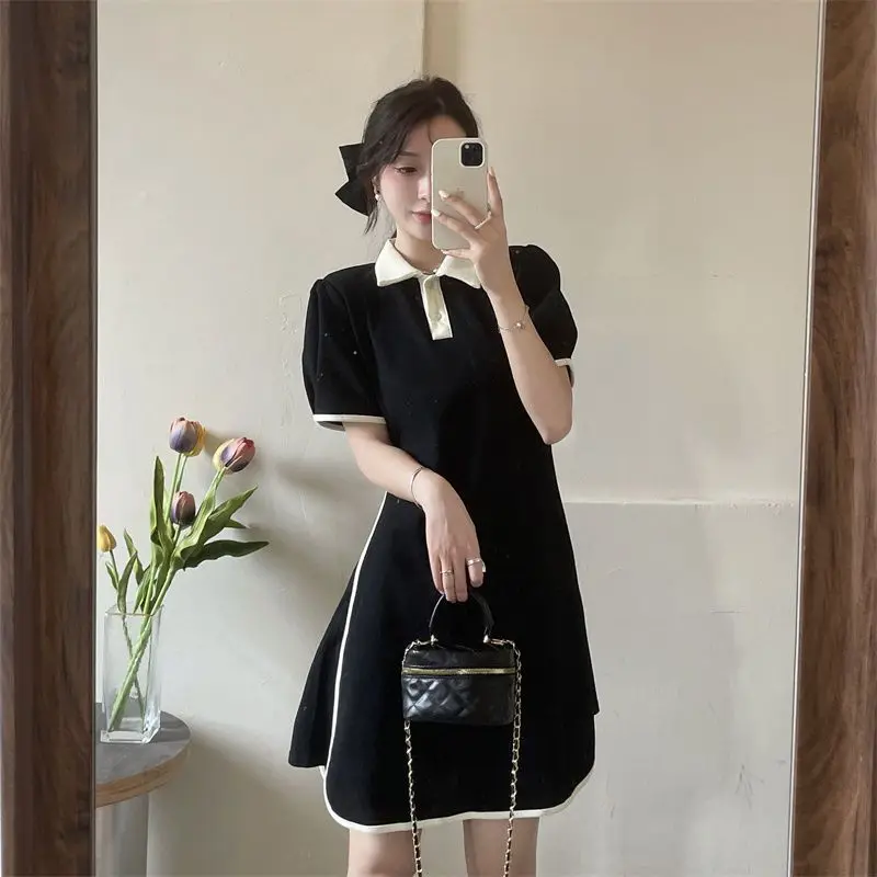 2024 Summer Puff Sleeve Women Polo Mini Dress Hem Slit Korean Popular Sweet Fashion Casual 2xl Clothing Sports Golfs Black Green