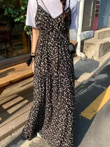 한국 스타일 달콤한 꽃 레이스 트림 V 넥 슬리밍 롱 드레스 여성 Strapl Layering 스커트 통근 봄 여름 드레스