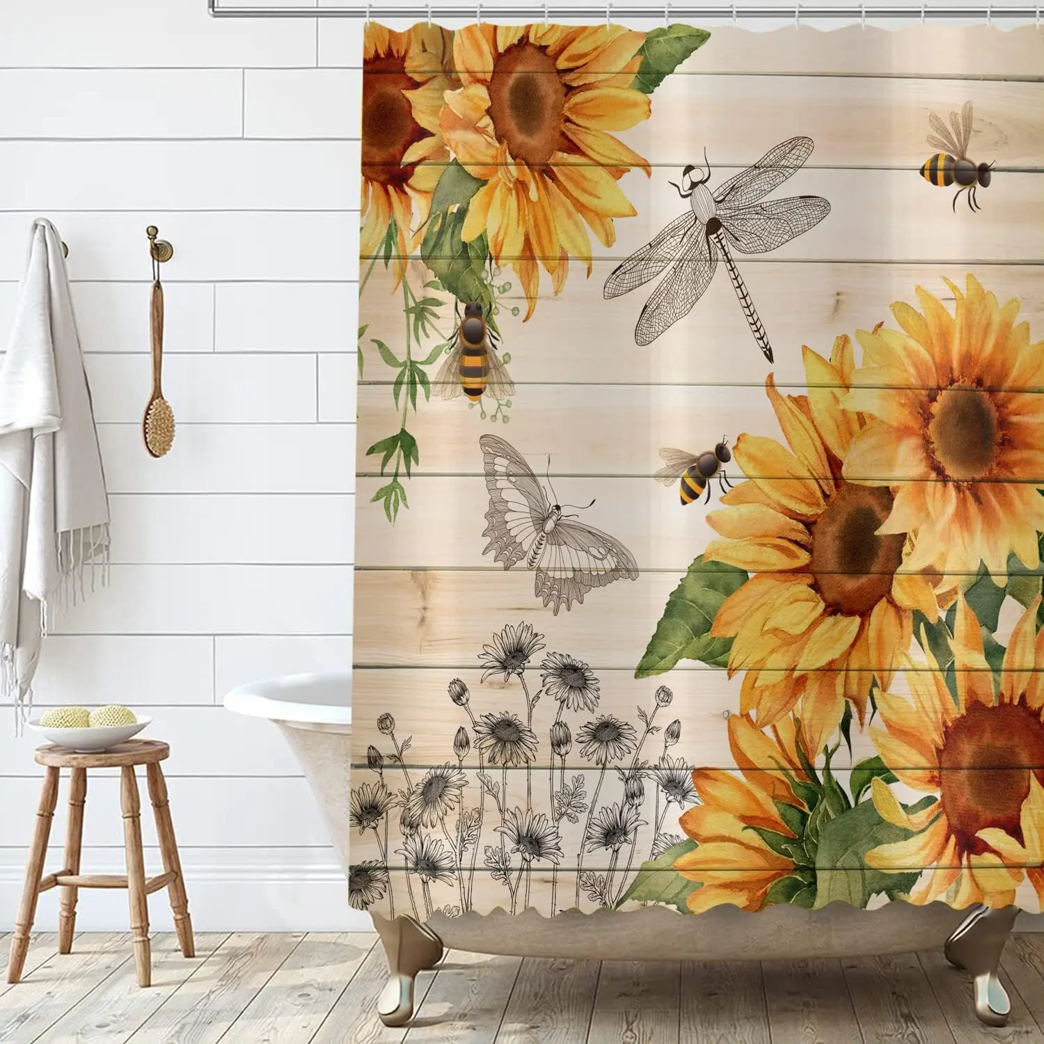 Waterproof Shower Curtain Sunflower Floral Botanical Nature Bath Shower Liner Boho Style Garden Insect Dragonfly Bee Yellow Deco