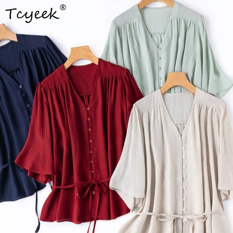 Tcyeek 100% Real Silk Womens Tops 2026 Spring Summer Lightweight Waist-cinching Flare Sleeve Shirts Ladies Clothes Chemise Femme
