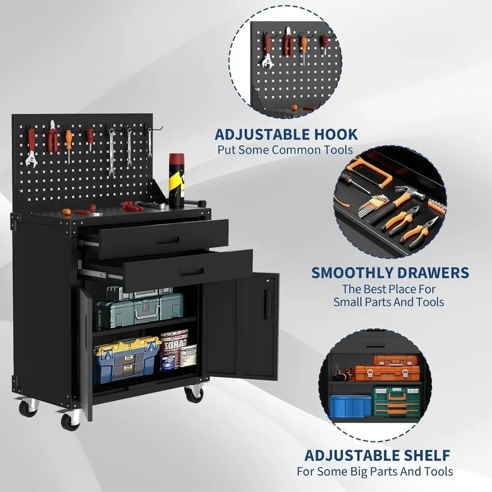 頑丈な35スチール製ワークベンチ、深い引き出し、ロック付きホイール、ペグボード、調整可能な棚付き、ガレージや作業場の収納に