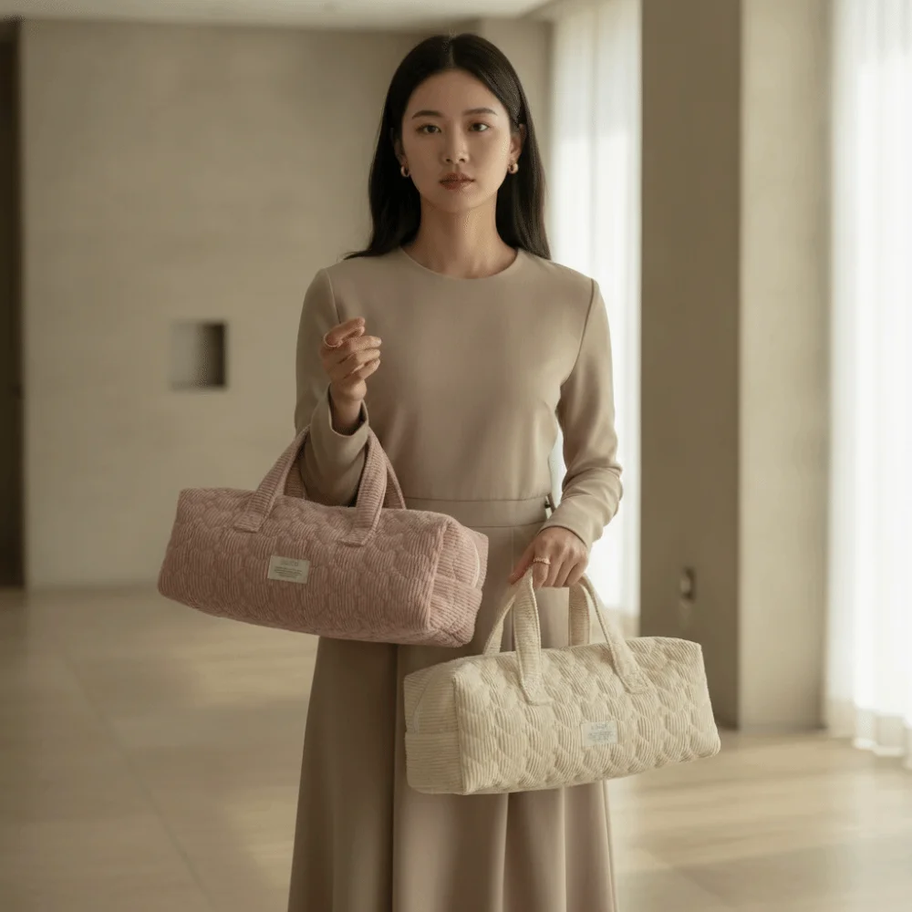 Padded Heart Quilted Handbag Pastel Spacious Corduroy Barrel Pouch Zippered Minimalist Pastel Makeup Organizer Flight