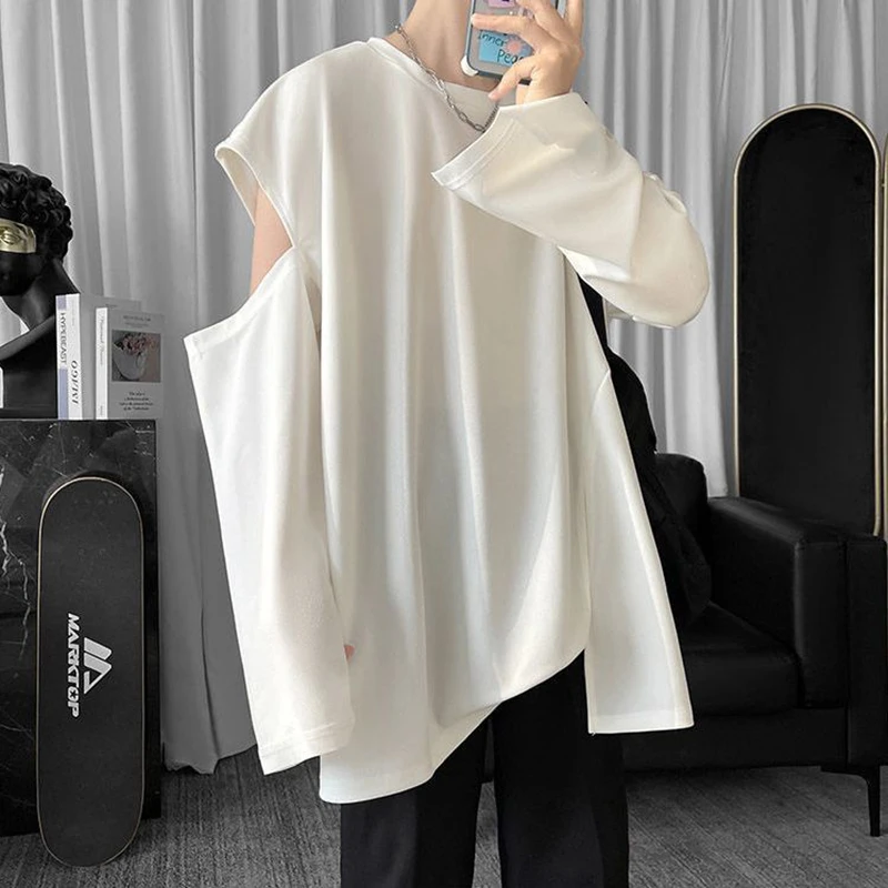 Cold Shoulder Side Slit Solid Unisex Summer Casual Long Sleeve Men Clothes Trendy Fashion Oversized Woman Top Japan Streetwear