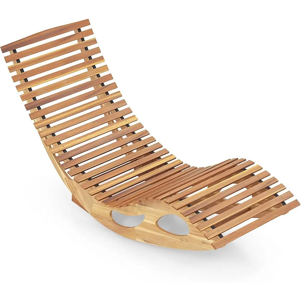 Chair, Acacia Wood Rocking Sun Lounger with Slatted Backrest and Seat, Wooden Rocker Lounge Chair or Patio, Garden and Poolside