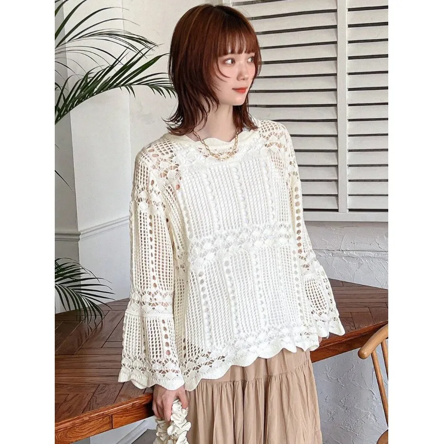 

New Ebay n Sle Loose Sunade Top Lace Hollow out Bell Sve round Ne Knitted Sweater Street Sle Polyester Fiber