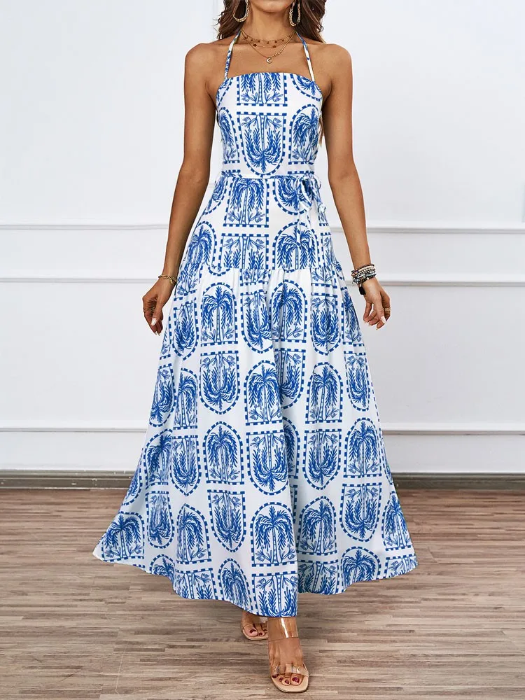 

Women's elegant summer vacation style hanging neck print beach Hawaiian vacation dress with lining for women