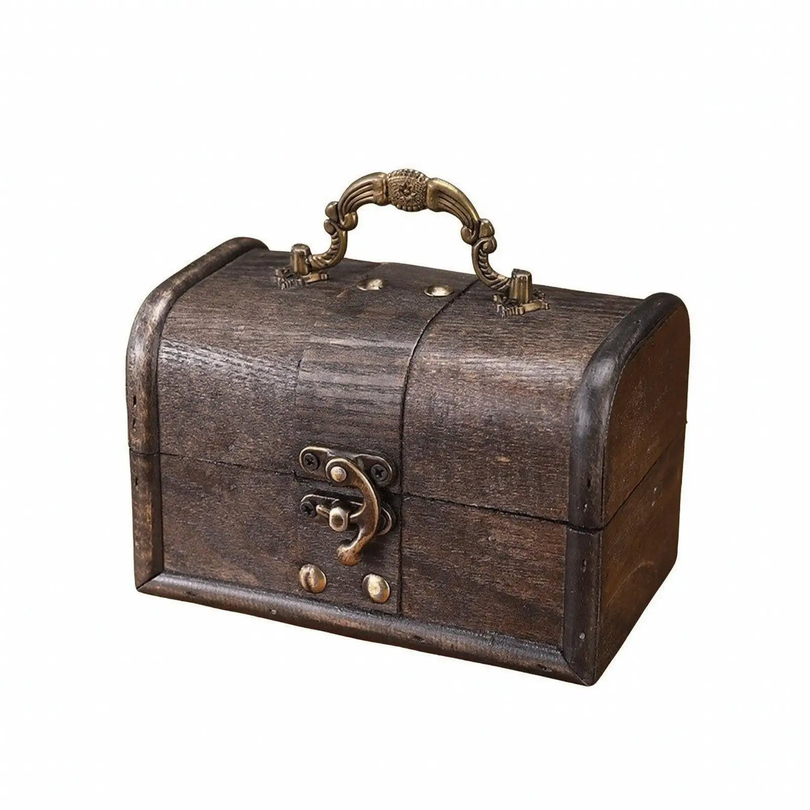 Small Wooden Antique Chest Storage Organizer with Hinged Lid for Jewelry Accessories Tabletop Decor