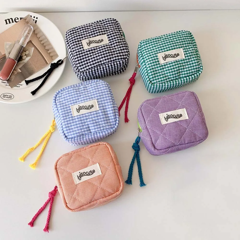 Grid Pattern Mini Cosmetic Bag Coin Purse Wallet Beauty Makeup Organizer Travel Toiletry Pockets Cosmetic Accessories Cloth