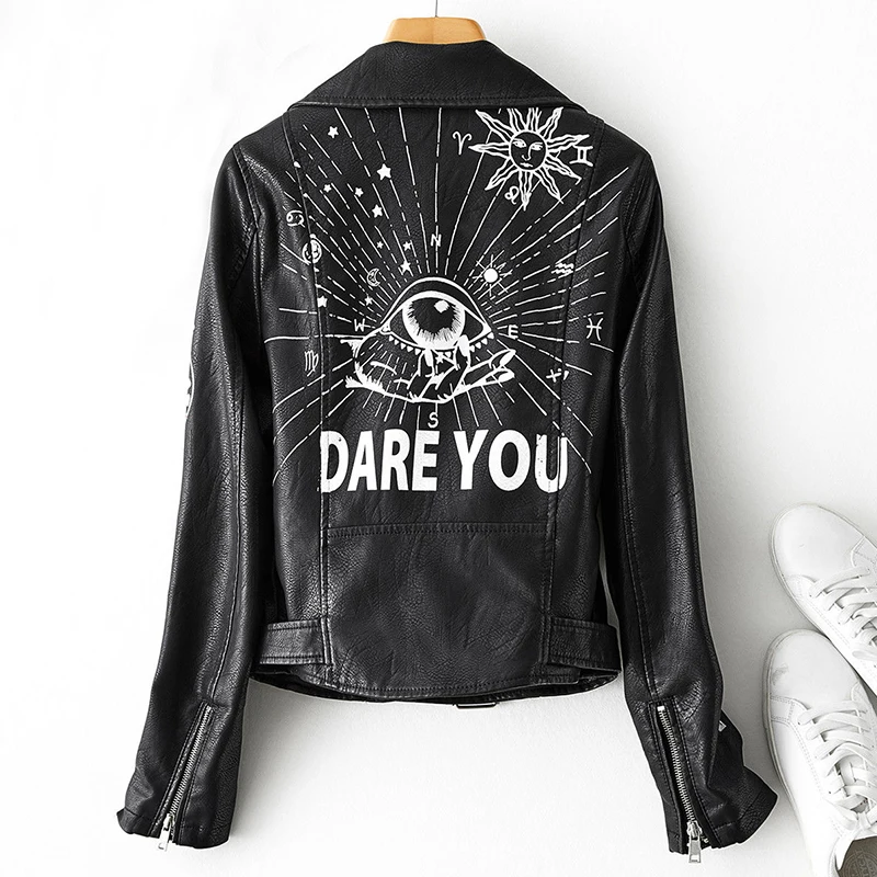 Fitaylor Autumn Winter Women Graffiti Print Faux Leather Jacket Lady Moto Bike PU Leather Coat Casual Rivet Jacket with Belt