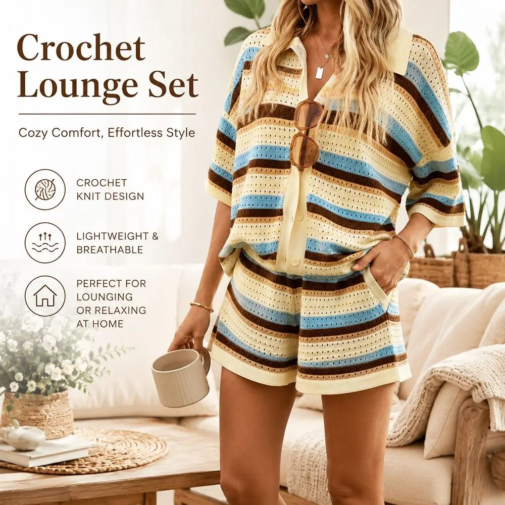 Loose Fit Knitted Shorts Set Mixed Color Stripe Single Breasted Women Two Piece Outfits Short Sleeved Contrast Color