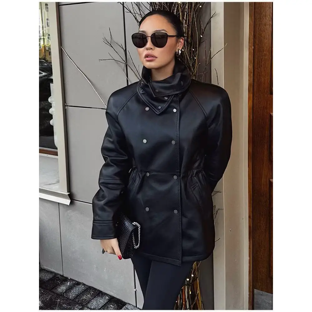 

Faionable Street Sle Women's Long Sve Stand Collar Dstring Waist Leather Jaet Mid-Length Autumn Winter New Arrival