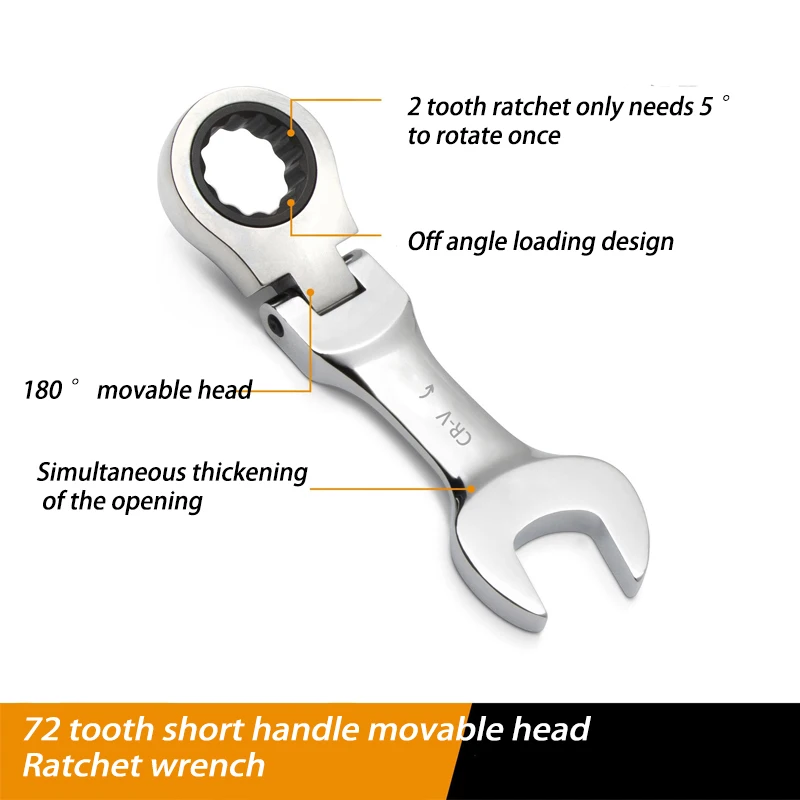 Short Handle Adjustable Flexible Head Ratchet Wrench 72 Tooth Fast Ratchet Wrench Hand Combination Wrench