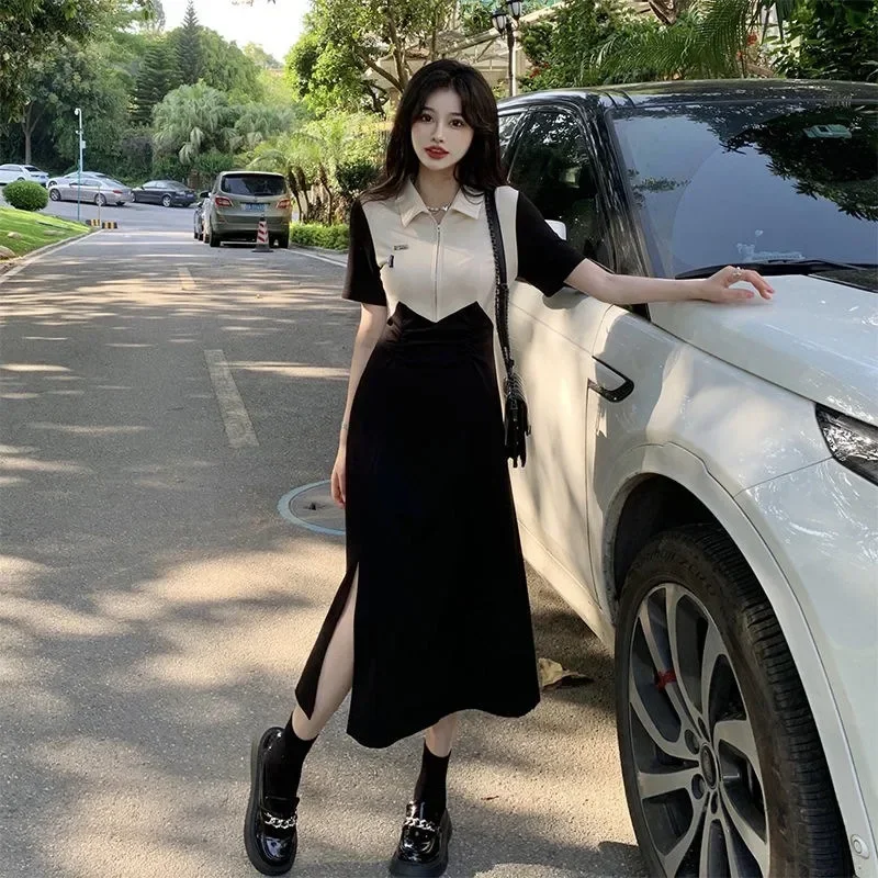 

New Fashion Patchwork Polo Neck Short Sleeve Split Dress Women's High Waist Slim Midi Dress Y2k French Korean Elegant Vestidos