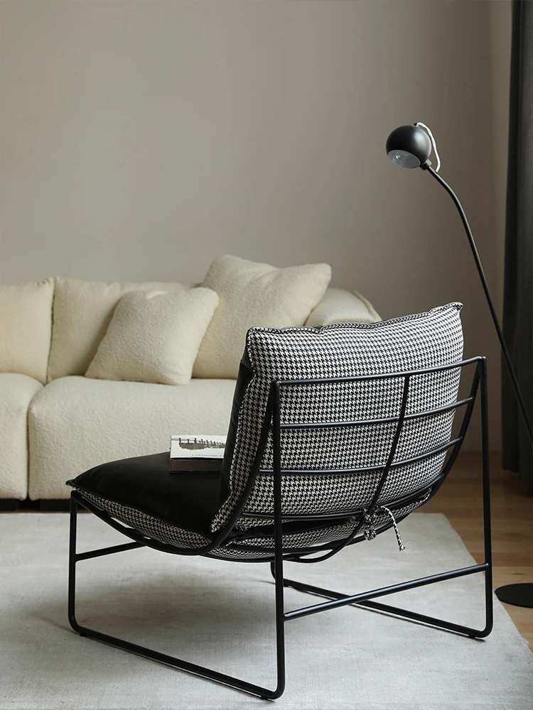 Nordic imported first-layer cowhide thousand bird grid cloth double-sided ir on leisure recliner wabi sand sofa ch air