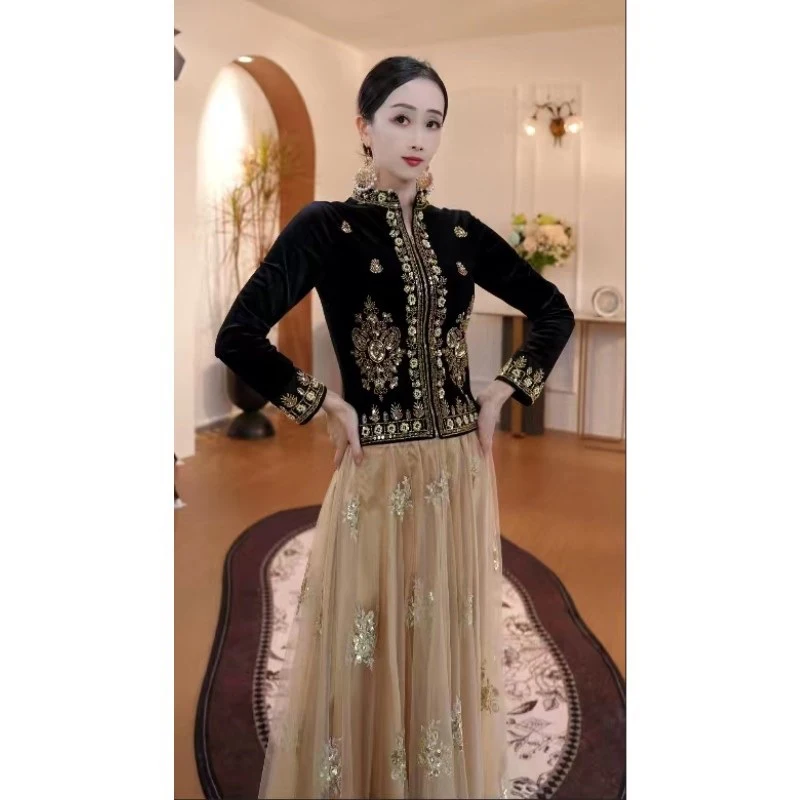 2025 mulheres dança topo manga longa bordado topo trajes tradicionais orientais dança indiana roupas de desempenho palco dql12069