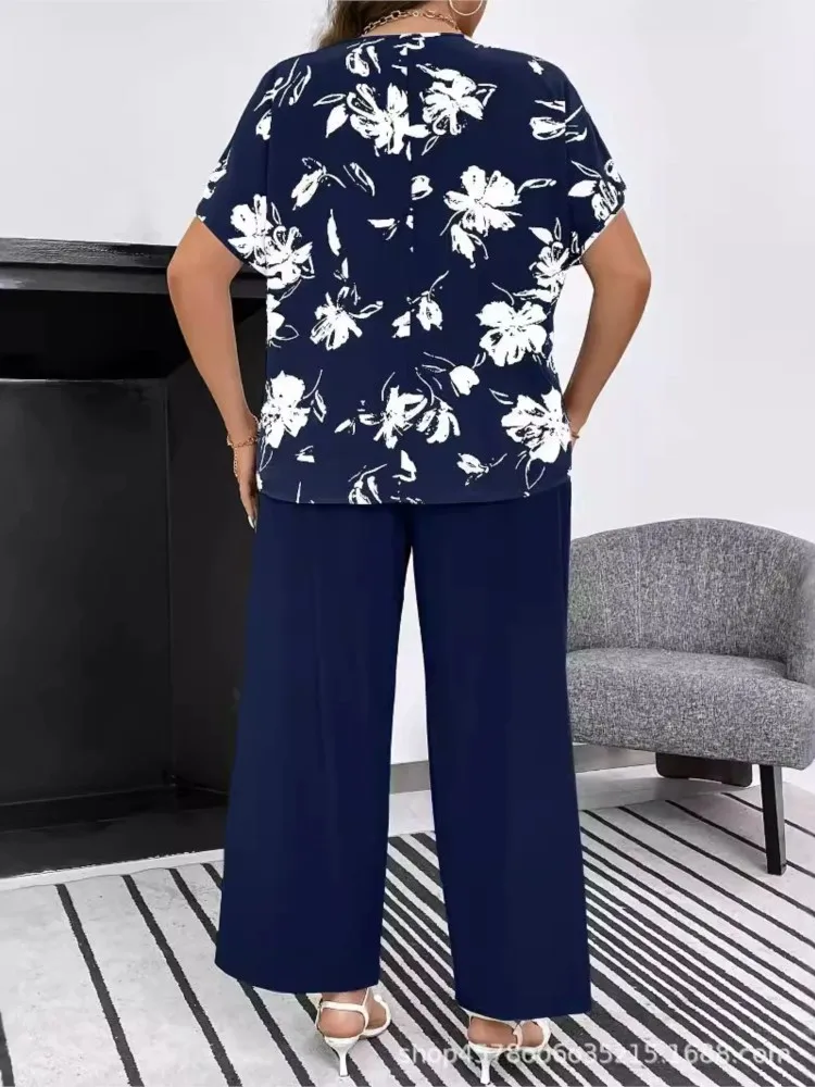 Plus Size Zomer 2 Tweedelige Set Dames Korte Mouw Bloemenprint Modis Casual Dames Blouses Losse Elastische Hoge Taille Vrouw Broek